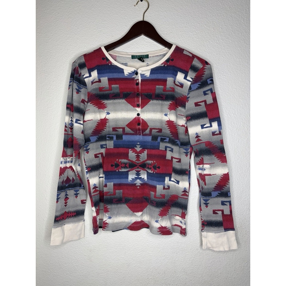 Lauren Ralph Lauren Aztec Thermal Henley Top Southwestern Print Women's M Shirt